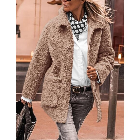 Women’s Winter Faux Fur Coat Long Sleeve Lapel Button Down Fleece Sherpa Jacket - Picture 7 of 8